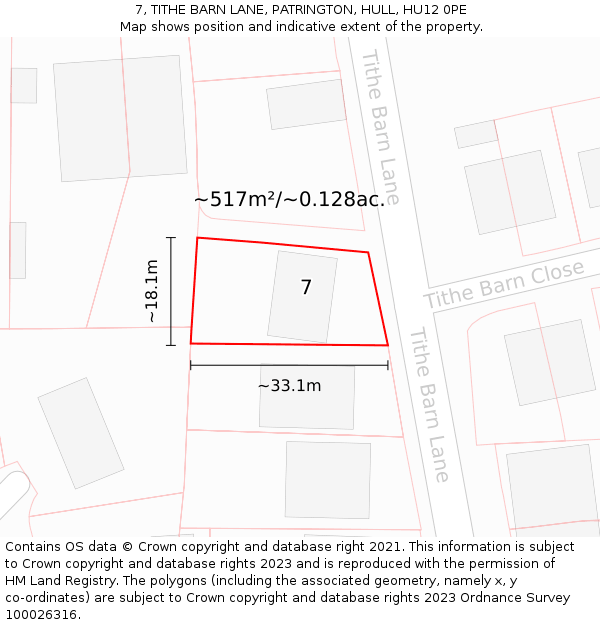 7, TITHE BARN LANE, PATRINGTON, HULL, HU12 0PE: Plot and title map