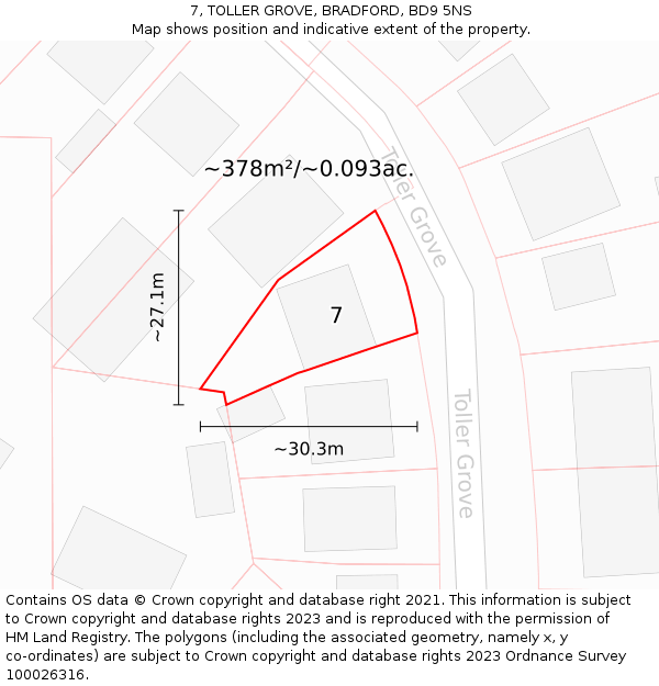 7, TOLLER GROVE, BRADFORD, BD9 5NS: Plot and title map