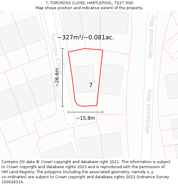 7, TORCROSS CLOSE, HARTLEPOOL, TS27 3ND: Plot and title map