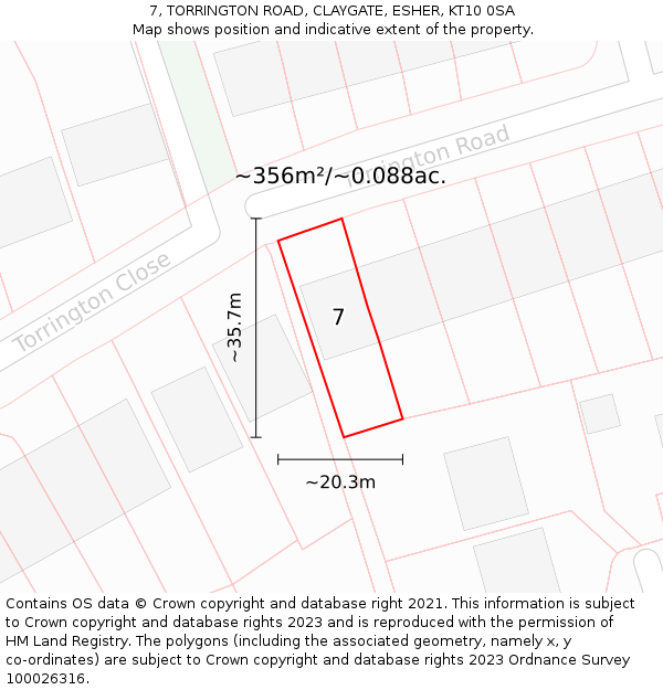 7, TORRINGTON ROAD, CLAYGATE, ESHER, KT10 0SA: Plot and title map