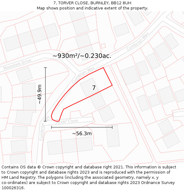 7, TORVER CLOSE, BURNLEY, BB12 8UH: Plot and title map