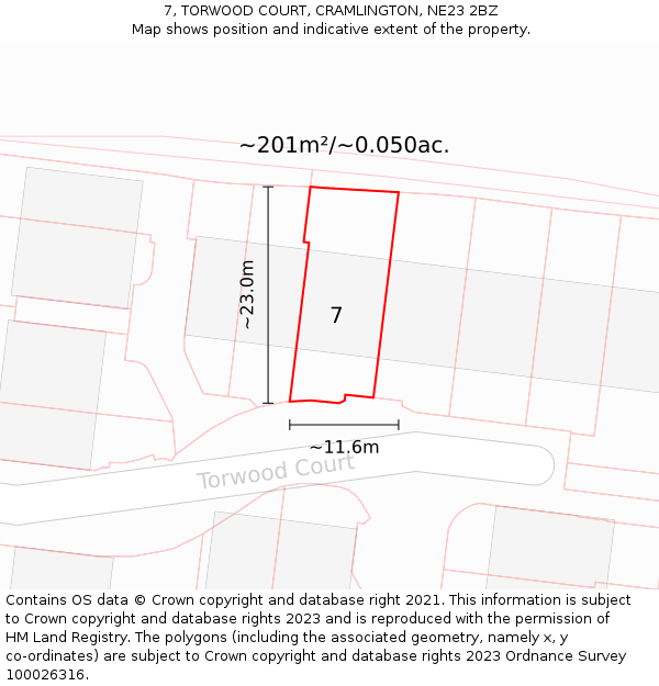 7, TORWOOD COURT, CRAMLINGTON, NE23 2BZ: Plot and title map