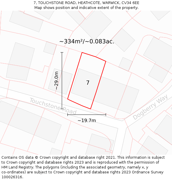 7, TOUCHSTONE ROAD, HEATHCOTE, WARWICK, CV34 6EE: Plot and title map