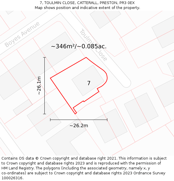 7, TOULMIN CLOSE, CATTERALL, PRESTON, PR3 0EX: Plot and title map