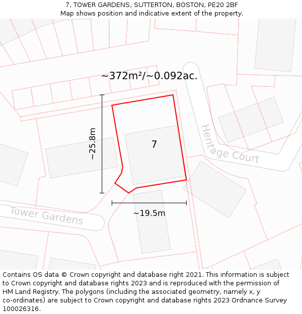 7, TOWER GARDENS, SUTTERTON, BOSTON, PE20 2BF: Plot and title map