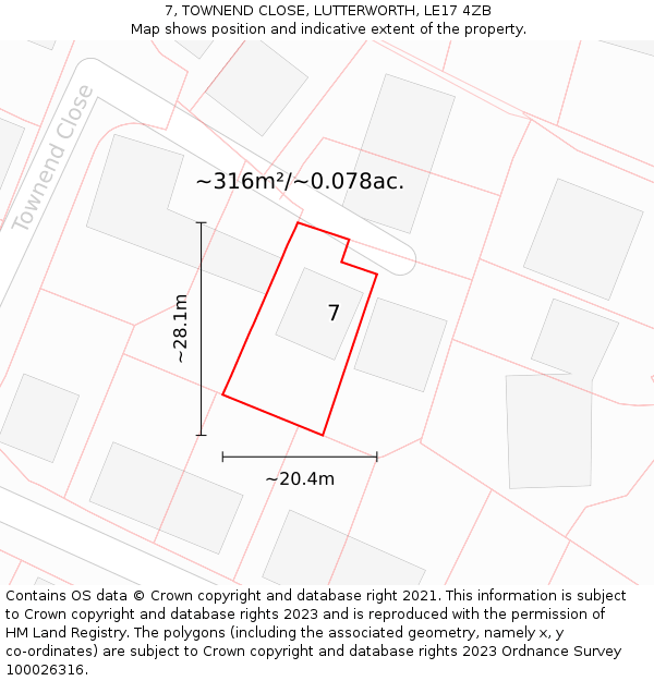 7, TOWNEND CLOSE, LUTTERWORTH, LE17 4ZB: Plot and title map
