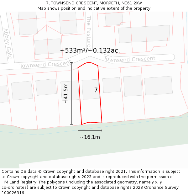 7, TOWNSEND CRESCENT, MORPETH, NE61 2XW: Plot and title map