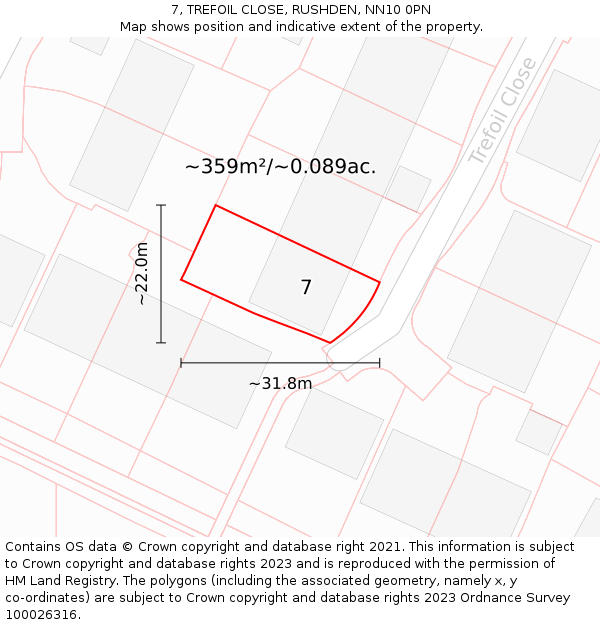 7, TREFOIL CLOSE, RUSHDEN, NN10 0PN: Plot and title map