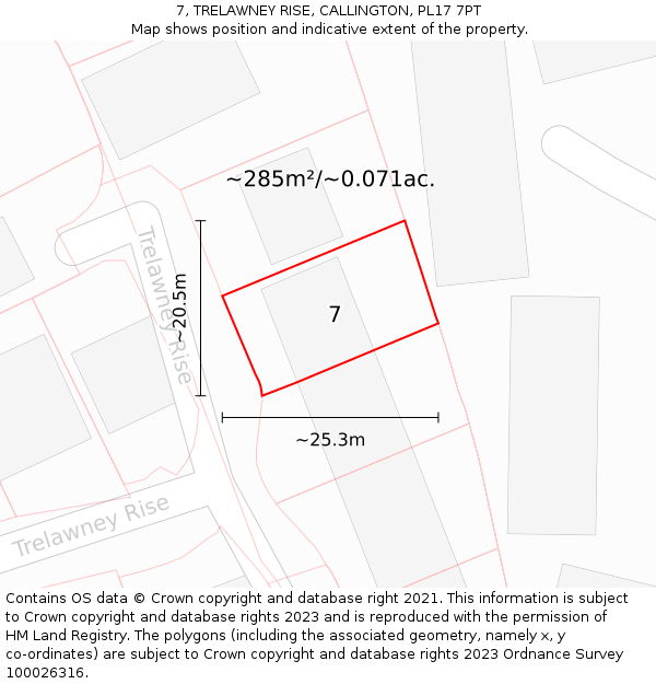 7, TRELAWNEY RISE, CALLINGTON, PL17 7PT: Plot and title map
