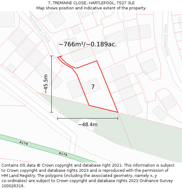 7, TREMAINE CLOSE, HARTLEPOOL, TS27 3LE: Plot and title map