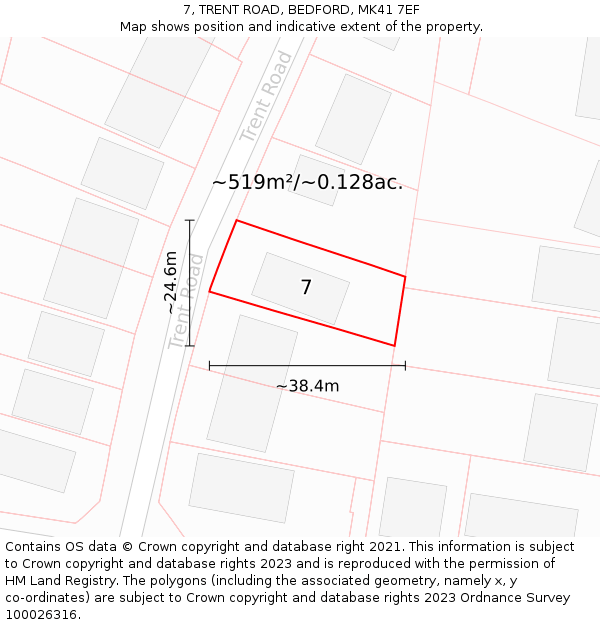 7, TRENT ROAD, BEDFORD, MK41 7EF: Plot and title map