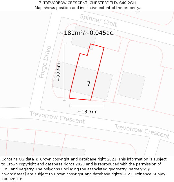 7, TREVORROW CRESCENT, CHESTERFIELD, S40 2GH: Plot and title map