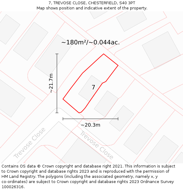 7, TREVOSE CLOSE, CHESTERFIELD, S40 3PT: Plot and title map