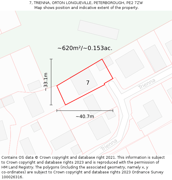 7, TRIENNA, ORTON LONGUEVILLE, PETERBOROUGH, PE2 7ZW: Plot and title map