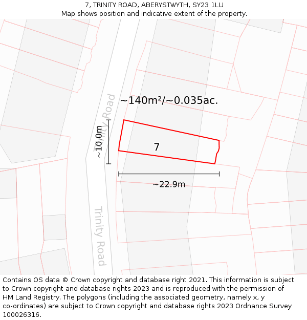 7, TRINITY ROAD, ABERYSTWYTH, SY23 1LU: Plot and title map