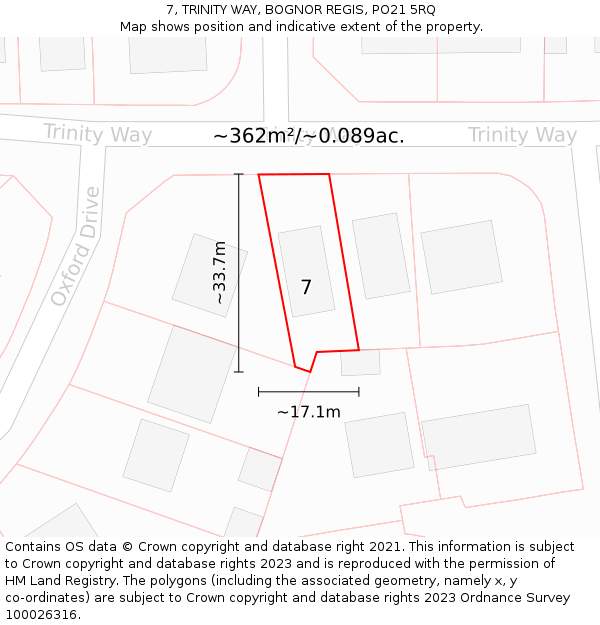 7, TRINITY WAY, BOGNOR REGIS, PO21 5RQ: Plot and title map