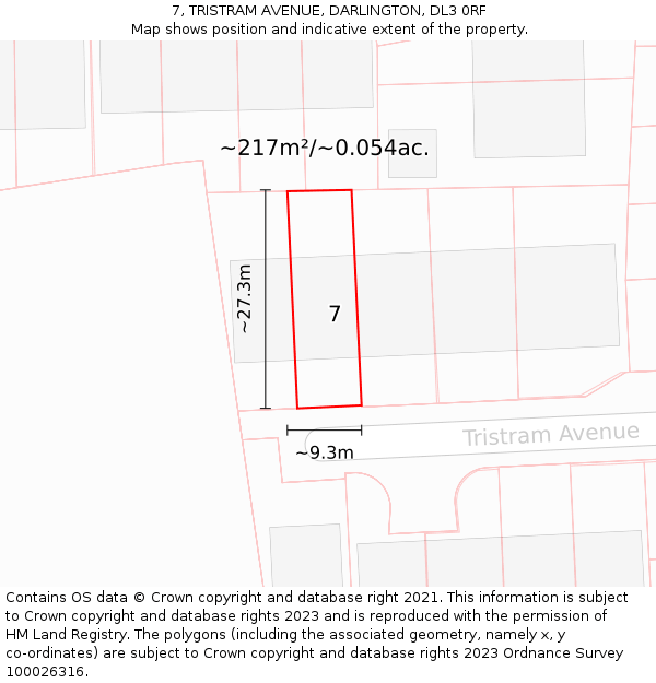7, TRISTRAM AVENUE, DARLINGTON, DL3 0RF: Plot and title map
