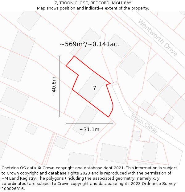 7, TROON CLOSE, BEDFORD, MK41 8AY: Plot and title map