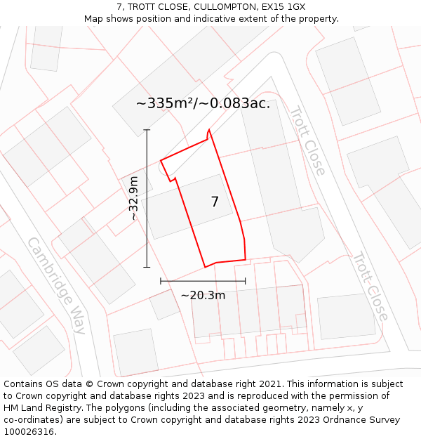 7, TROTT CLOSE, CULLOMPTON, EX15 1GX: Plot and title map