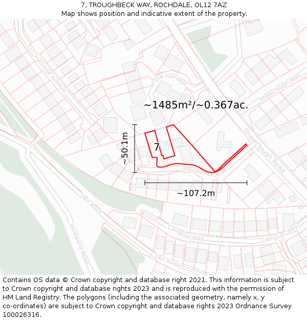 7, TROUGHBECK WAY, ROCHDALE, OL12 7AZ: Plot and title map