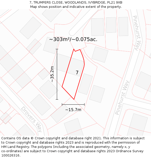 7, TRUMPERS CLOSE, WOODLANDS, IVYBRIDGE, PL21 9XB: Plot and title map