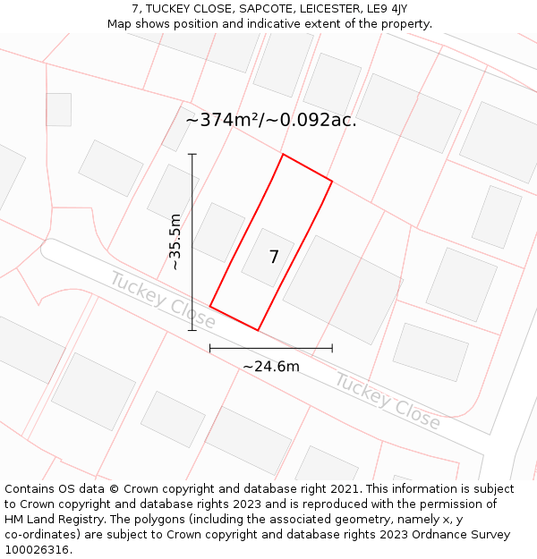 7, TUCKEY CLOSE, SAPCOTE, LEICESTER, LE9 4JY: Plot and title map