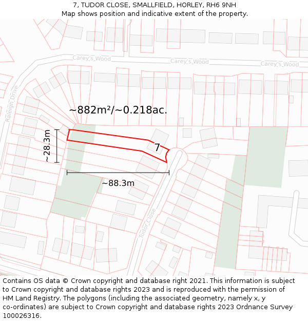 7, TUDOR CLOSE, SMALLFIELD, HORLEY, RH6 9NH: Plot and title map