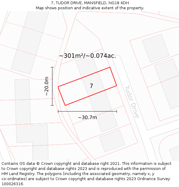 7, TUDOR DRIVE, MANSFIELD, NG18 4DH: Plot and title map
