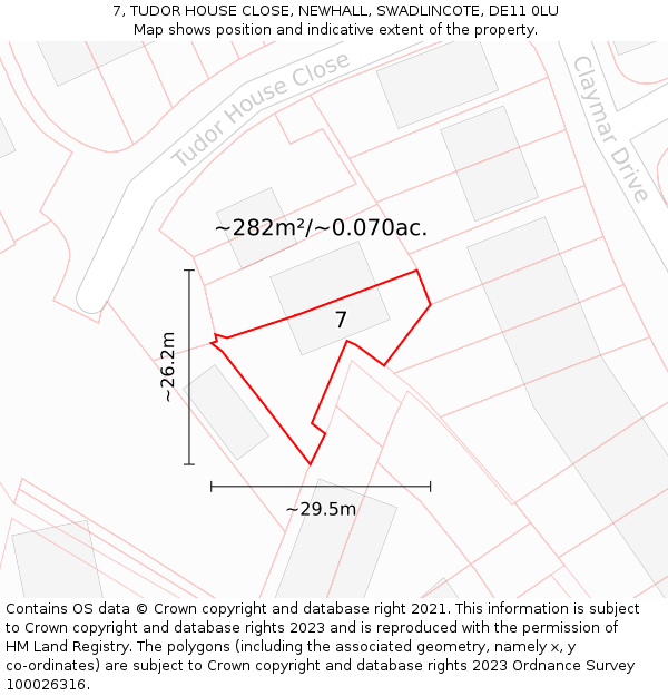 7, TUDOR HOUSE CLOSE, NEWHALL, SWADLINCOTE, DE11 0LU: Plot and title map