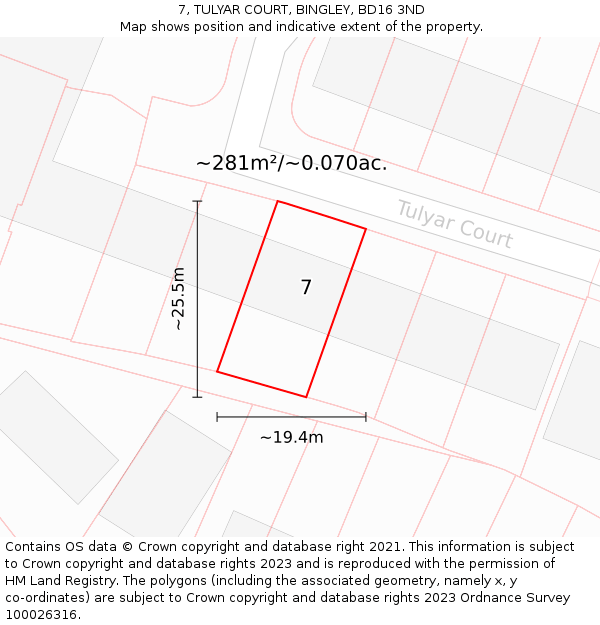 7, TULYAR COURT, BINGLEY, BD16 3ND: Plot and title map