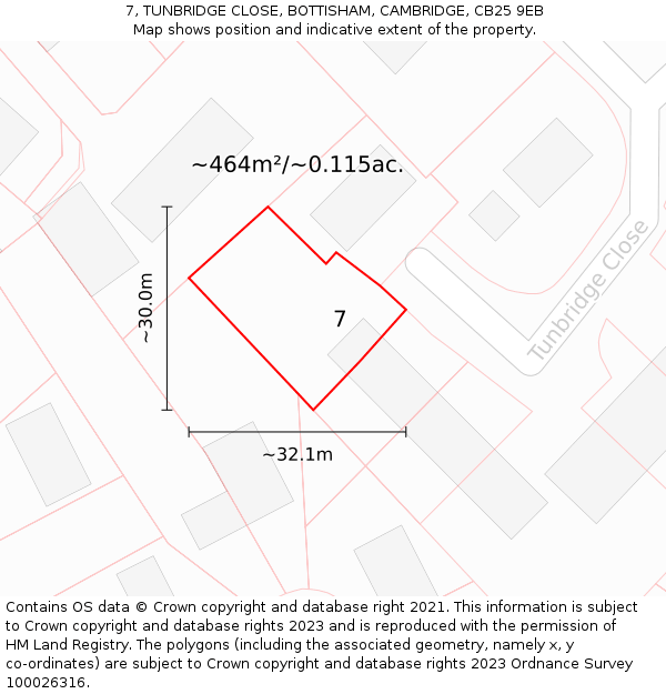 7, TUNBRIDGE CLOSE, BOTTISHAM, CAMBRIDGE, CB25 9EB: Plot and title map