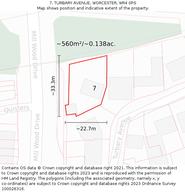 7, TURBARY AVENUE, WORCESTER, WR4 0PS: Plot and title map