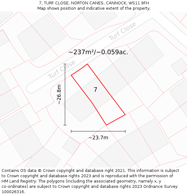 7, TURF CLOSE, NORTON CANES, CANNOCK, WS11 9FH: Plot and title map