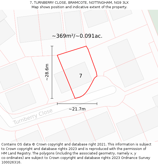 7, TURNBERRY CLOSE, BRAMCOTE, NOTTINGHAM, NG9 3LX: Plot and title map