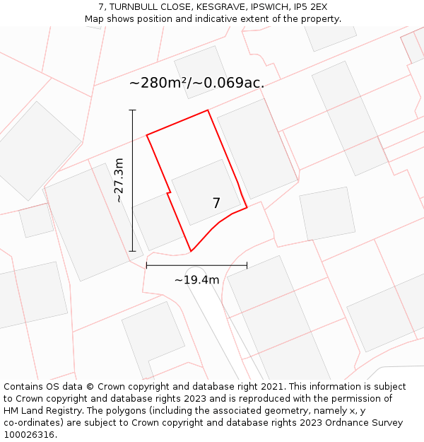 7, TURNBULL CLOSE, KESGRAVE, IPSWICH, IP5 2EX: Plot and title map