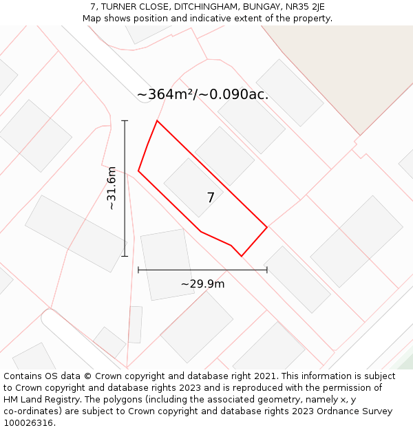 7, TURNER CLOSE, DITCHINGHAM, BUNGAY, NR35 2JE: Plot and title map
