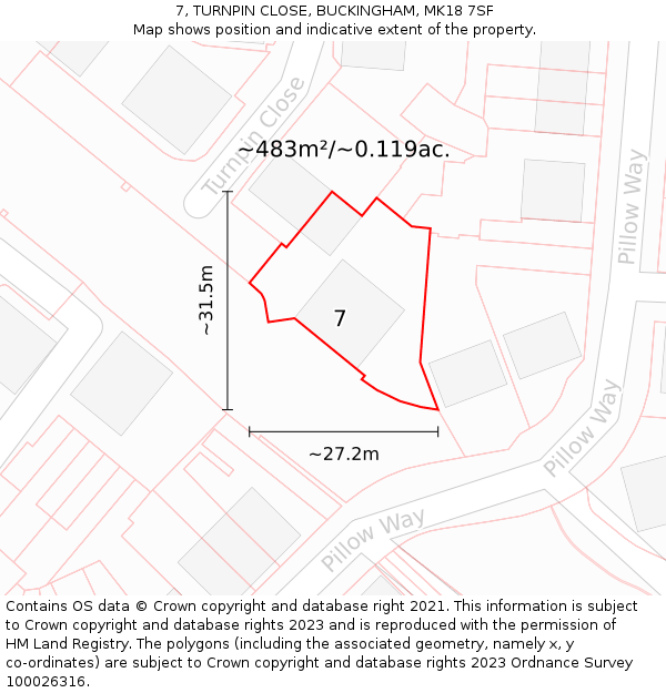 7, TURNPIN CLOSE, BUCKINGHAM, MK18 7SF: Plot and title map