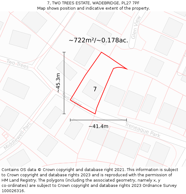 7, TWO TREES ESTATE, WADEBRIDGE, PL27 7PF: Plot and title map