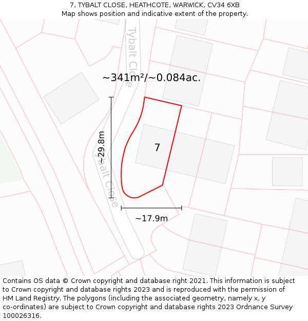 7, TYBALT CLOSE, HEATHCOTE, WARWICK, CV34 6XB: Plot and title map