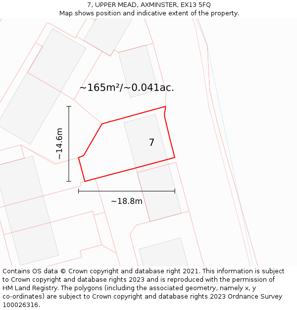7, UPPER MEAD, AXMINSTER, EX13 5FQ: Plot and title map
