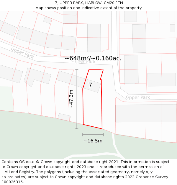 7, UPPER PARK, HARLOW, CM20 1TN: Plot and title map