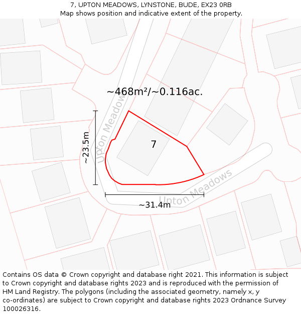 7, UPTON MEADOWS, LYNSTONE, BUDE, EX23 0RB: Plot and title map