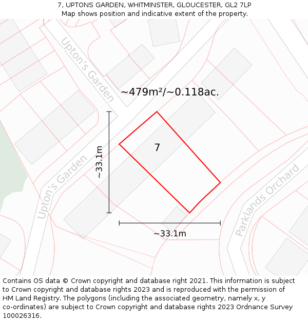 7, UPTONS GARDEN, WHITMINSTER, GLOUCESTER, GL2 7LP: Plot and title map