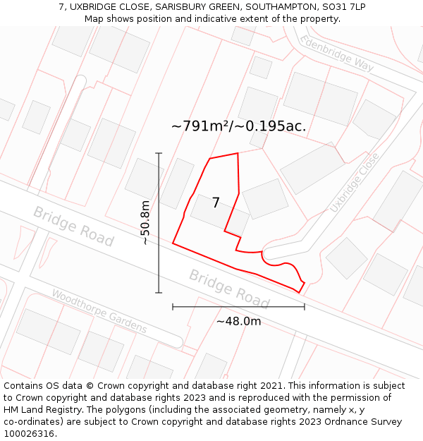 7, UXBRIDGE CLOSE, SARISBURY GREEN, SOUTHAMPTON, SO31 7LP: Plot and title map