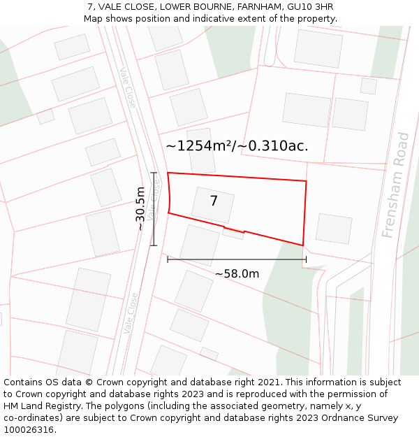 7, VALE CLOSE, LOWER BOURNE, FARNHAM, GU10 3HR: Plot and title map