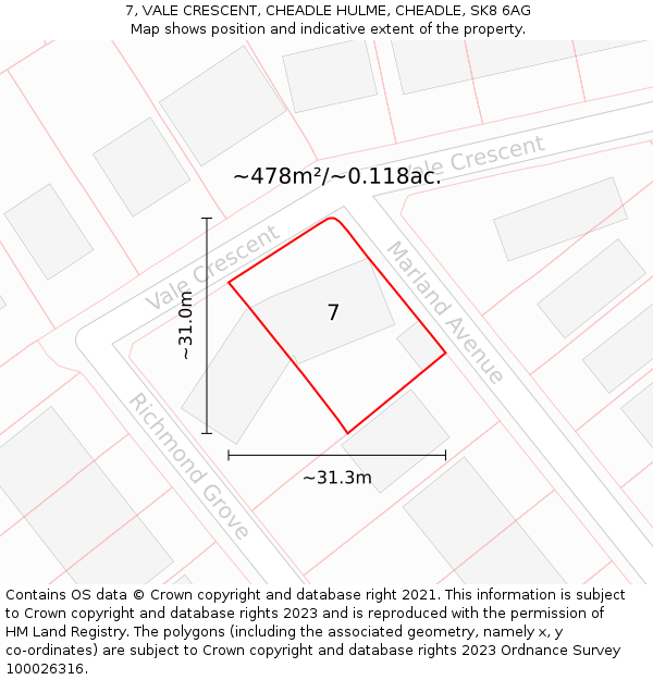 7, VALE CRESCENT, CHEADLE HULME, CHEADLE, SK8 6AG: Plot and title map