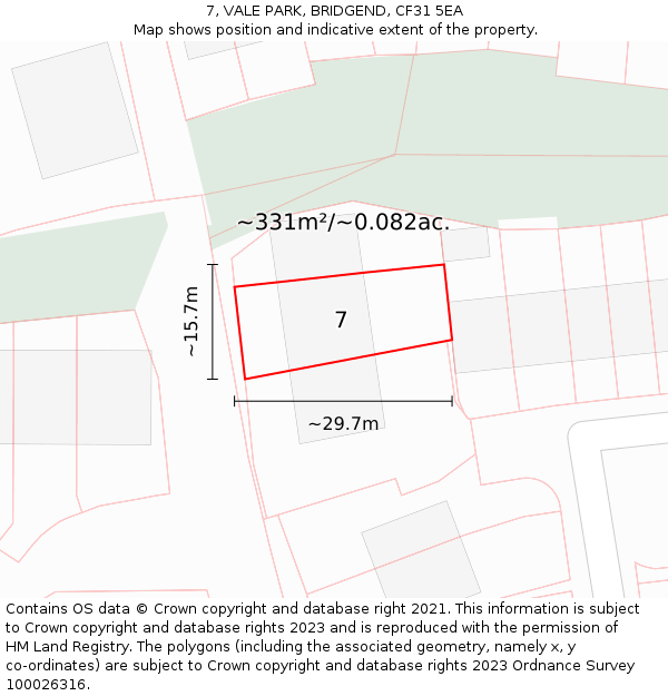 7, VALE PARK, BRIDGEND, CF31 5EA: Plot and title map