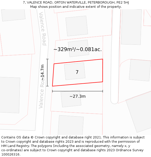 7, VALENCE ROAD, ORTON WATERVILLE, PETERBOROUGH, PE2 5HJ: Plot and title map