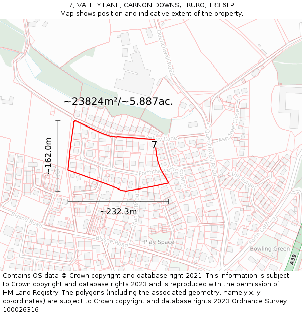 7, VALLEY LANE, CARNON DOWNS, TRURO, TR3 6LP: Plot and title map