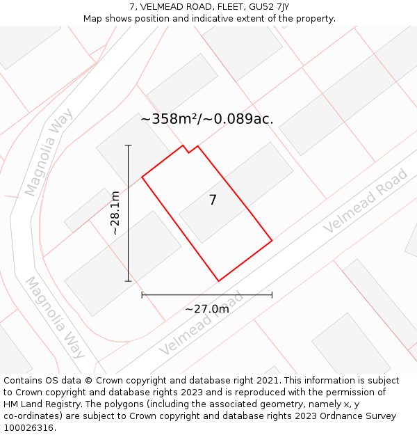 7, VELMEAD ROAD, FLEET, GU52 7JY: Plot and title map